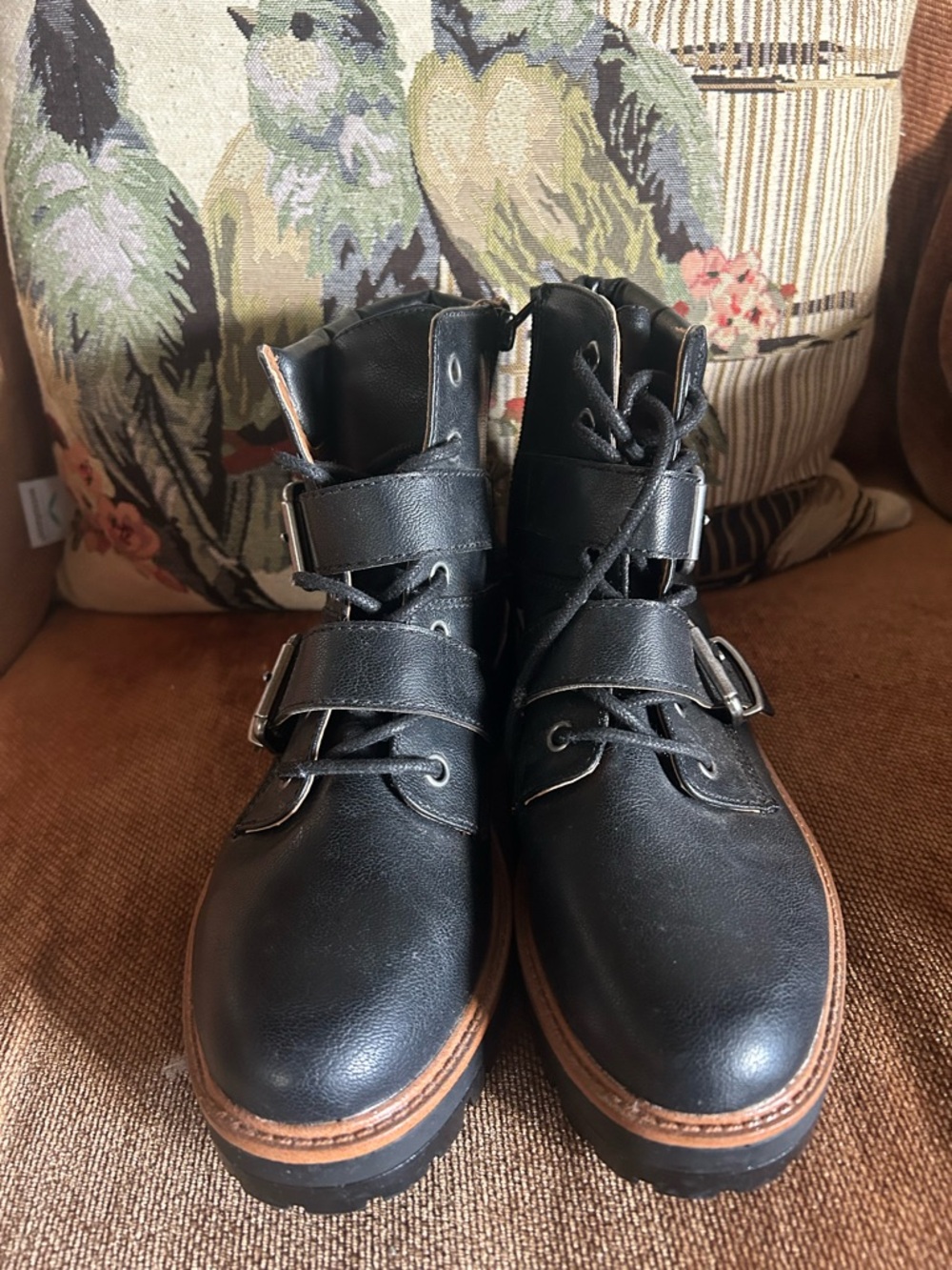 Black Buckle Lace-Up Combat Boots with side zipper slip-on option Sz 7.5